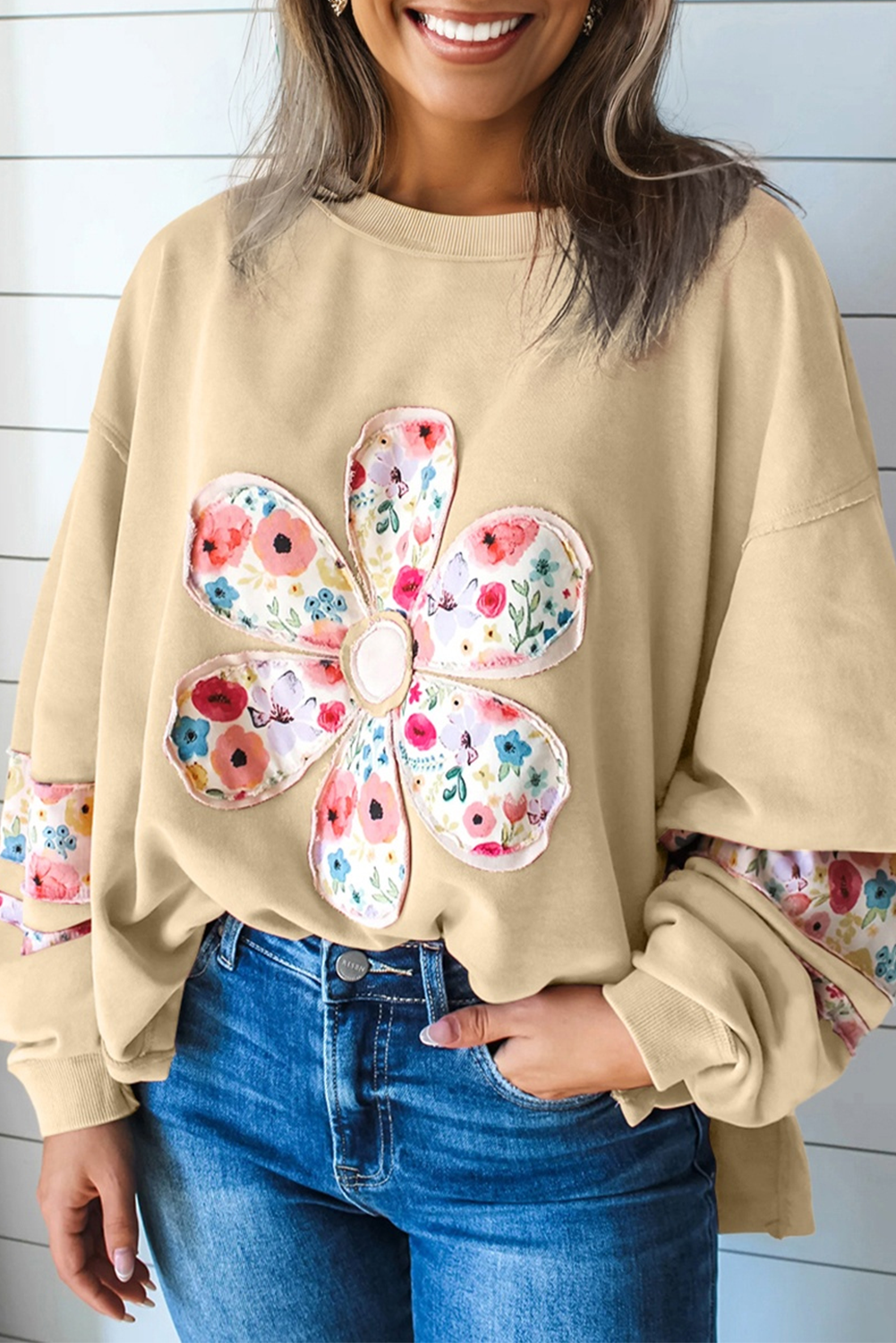 Peach Blossom Floral Applique Baggy Pullover Sweatshirt