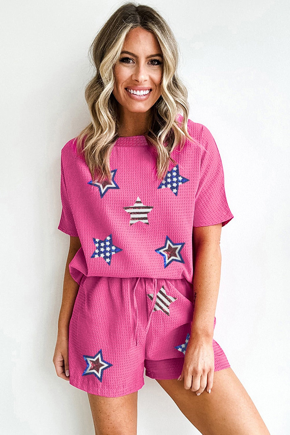 Rose Red Waffle Sequin American Flag Star Graphic 2 Piece Shorts Set