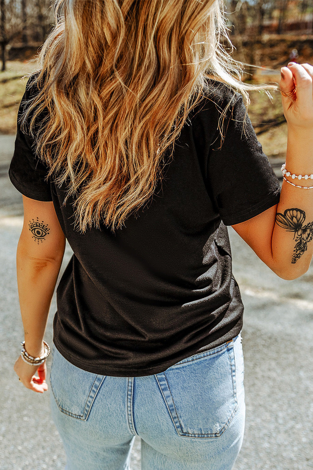 Black Rhinestone American Flag Casual Round Neck Tee