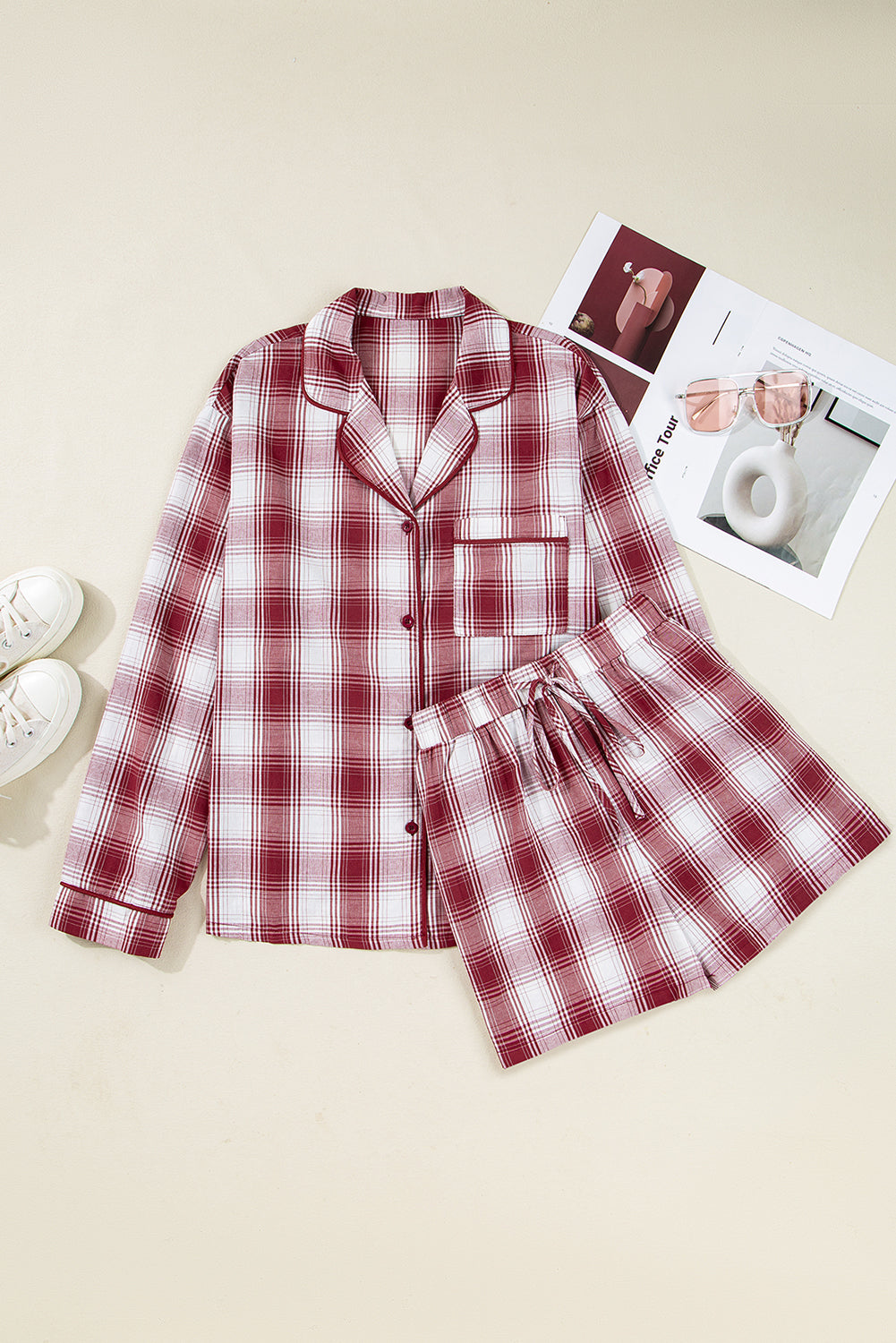 Red Retro Plaid Long Sleeve Shirt Drawstring Shorts 2pcs Lounge Set