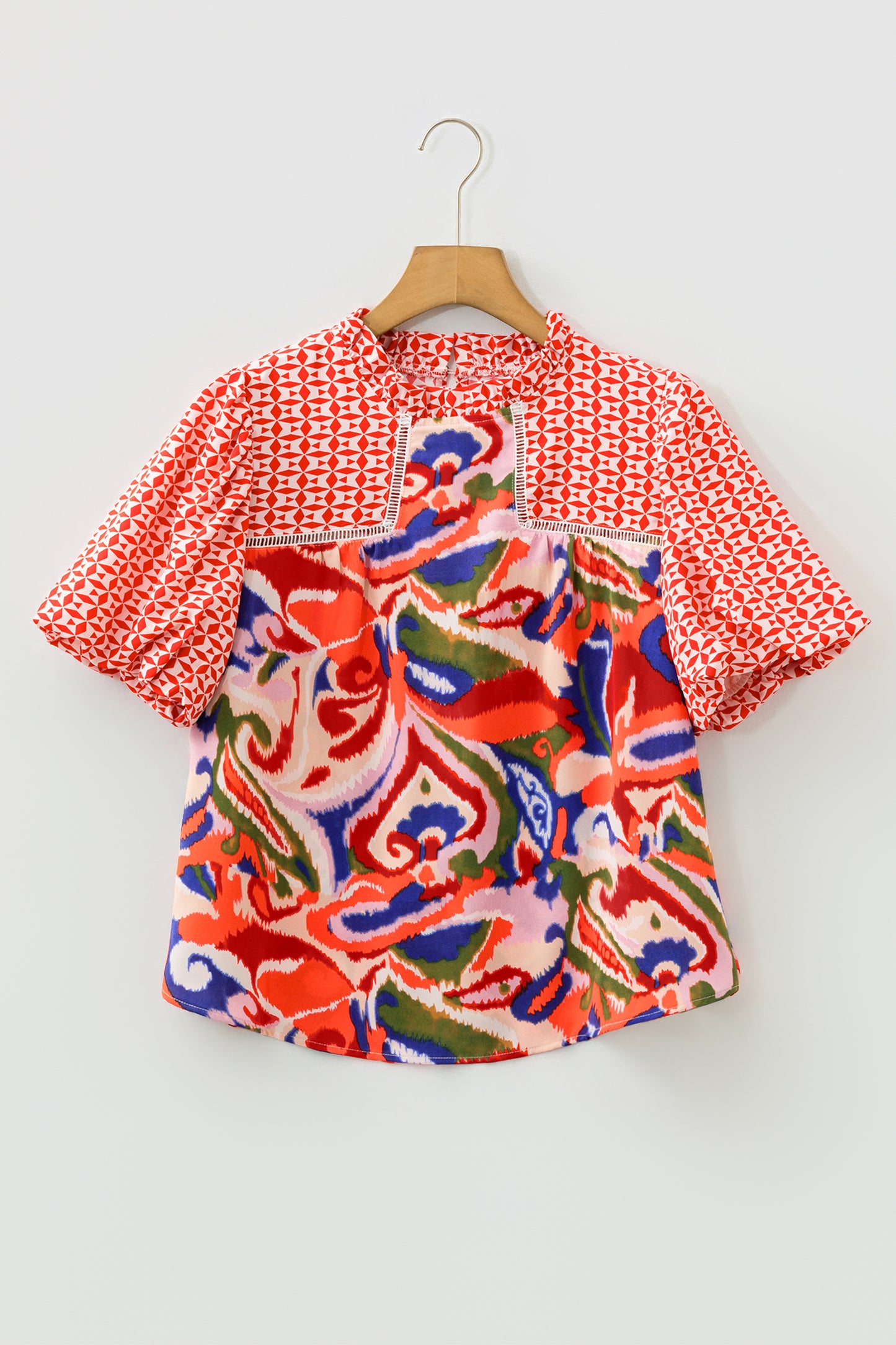 Patchwork Abstract Blouse Boho Puff Sleeve Top