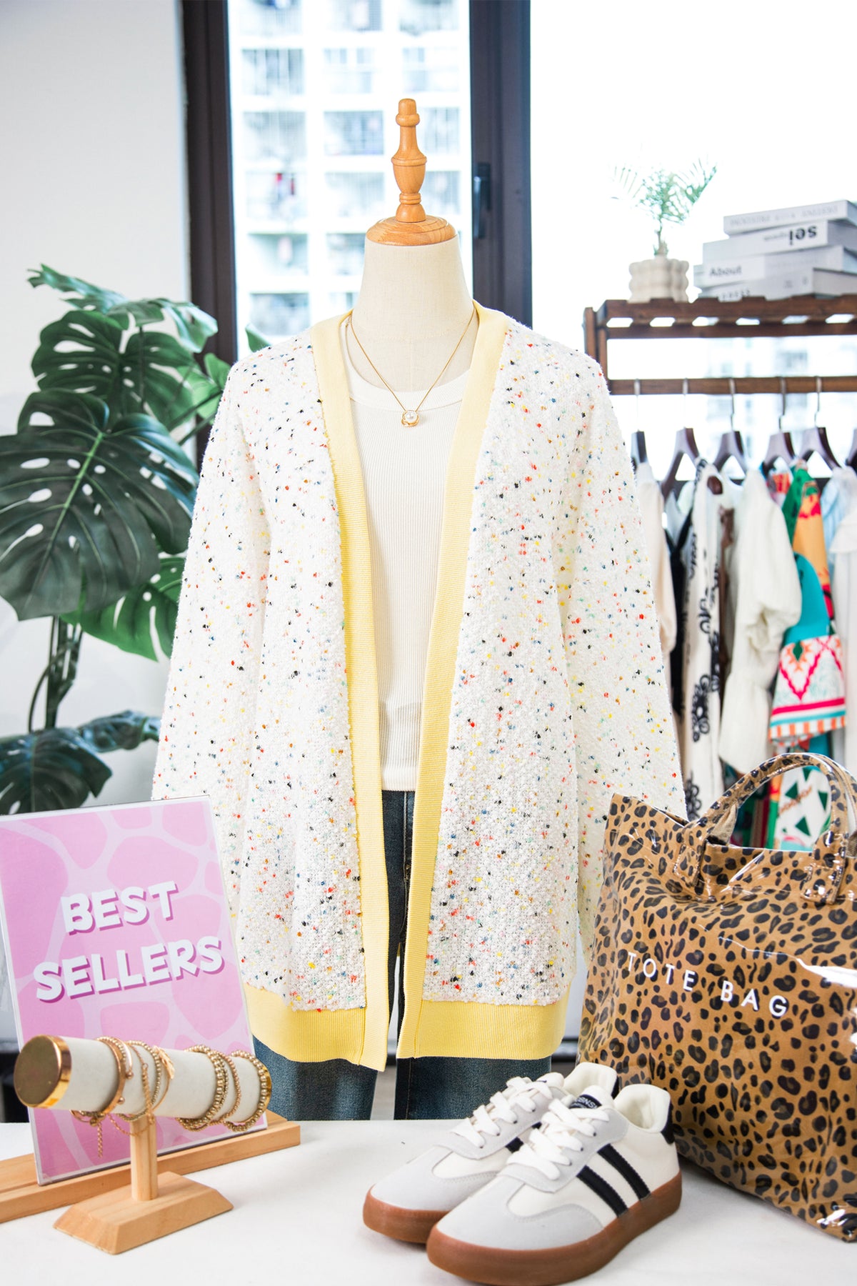 White Abstract Confetti Pattern Color Block Ribbed Cuffs Casual Cardigan