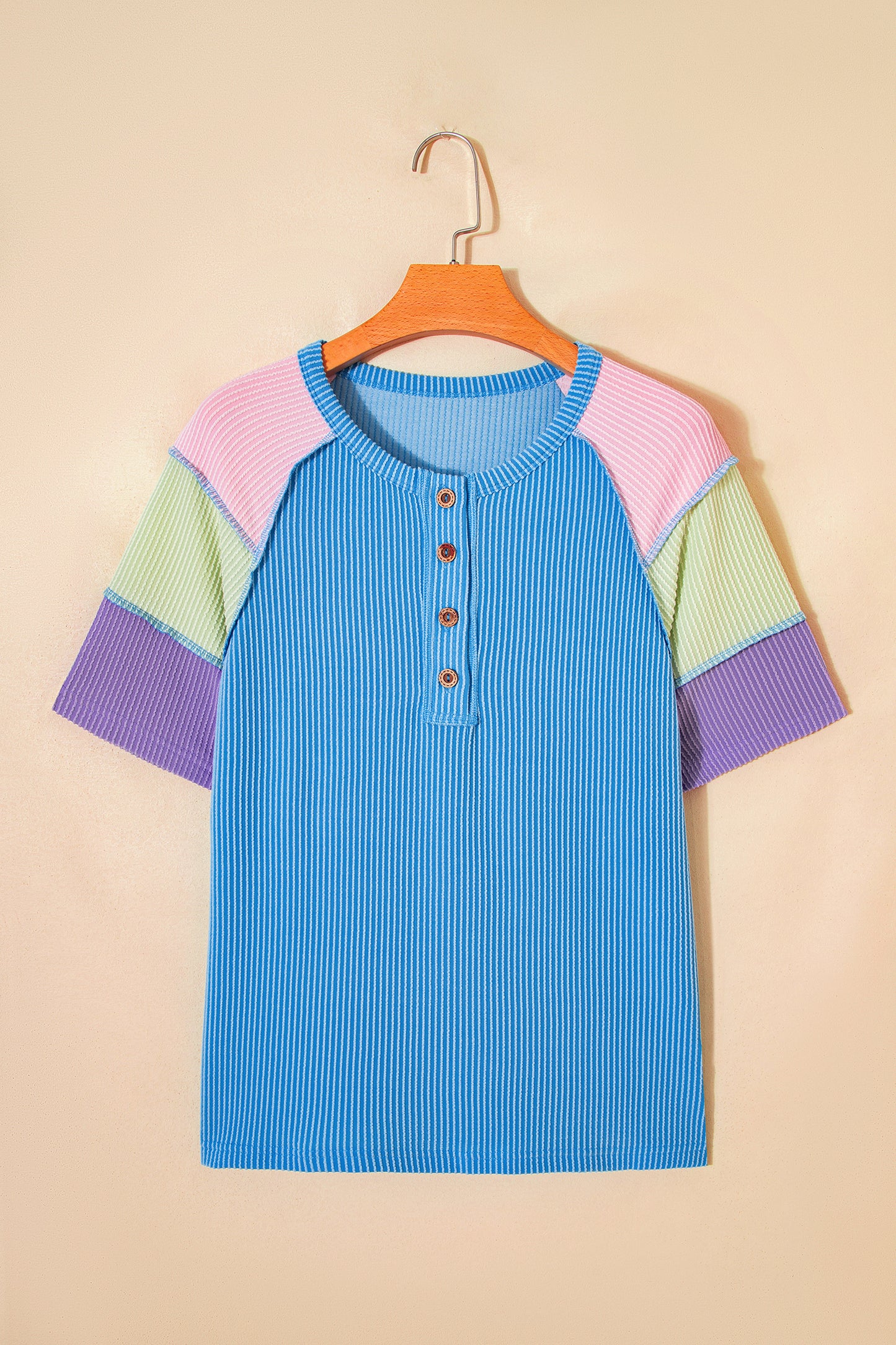 Bright Pink Twisted Ribbed Color Block Patchwork Henley Short Sleeve T Shirt