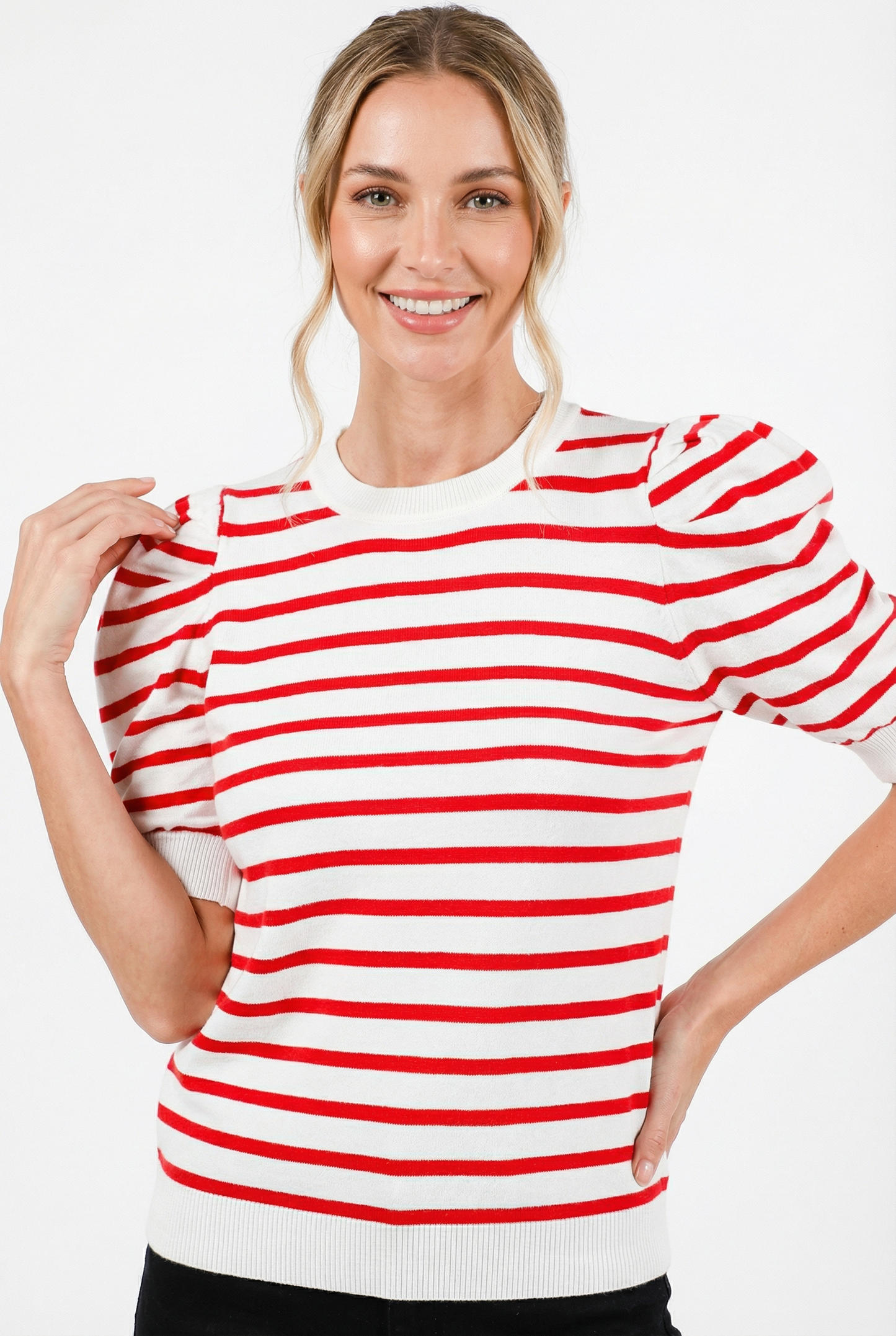 Striped Puff Sleeve Crew Neck Knit Sweater Top