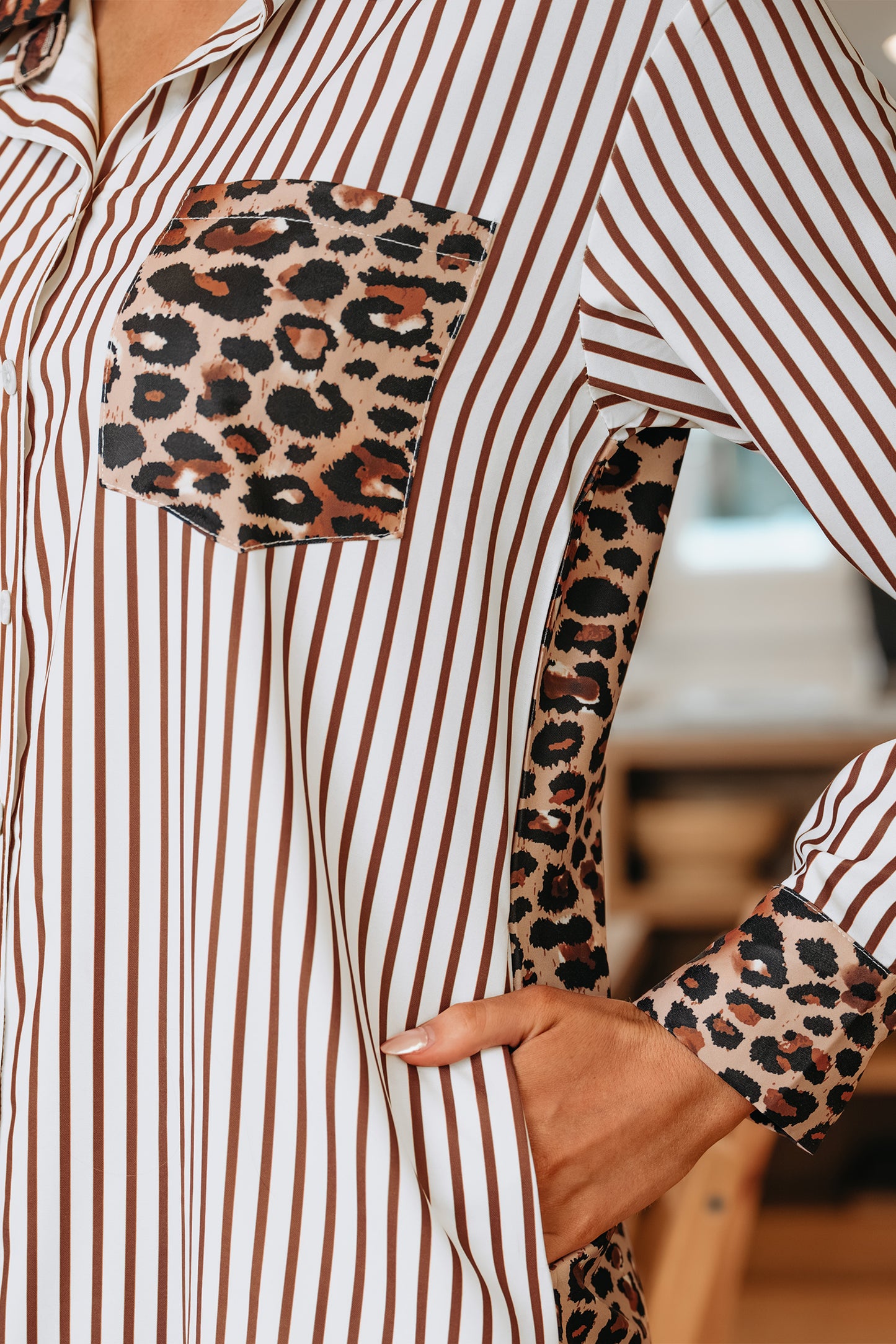 Sky Blue Stripe Contrast Leopard Patchwork Long Shirt Dress with Slits