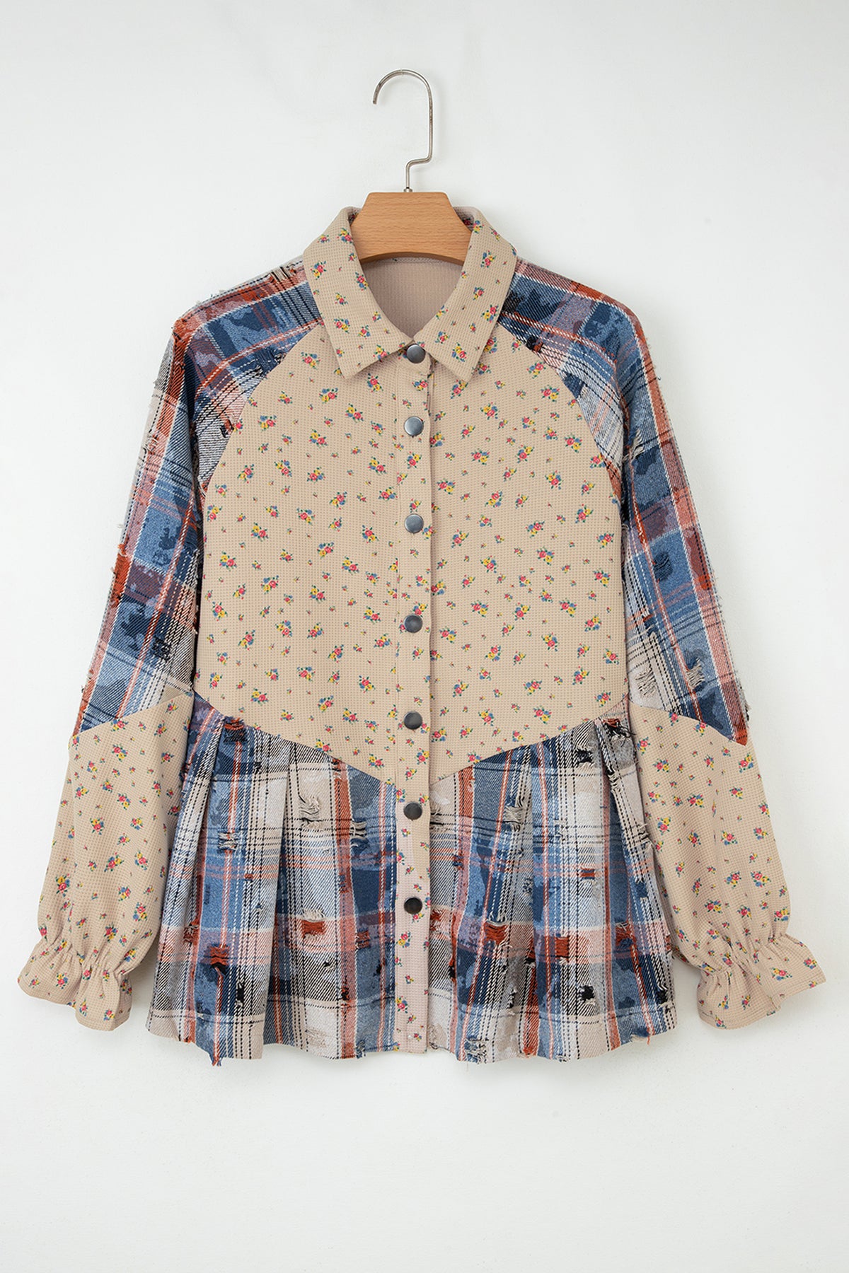 Mist Green Boho Floral Plaid Patchwork Distressed Detail Ruffled Sleeve Waffle Knit Shacket