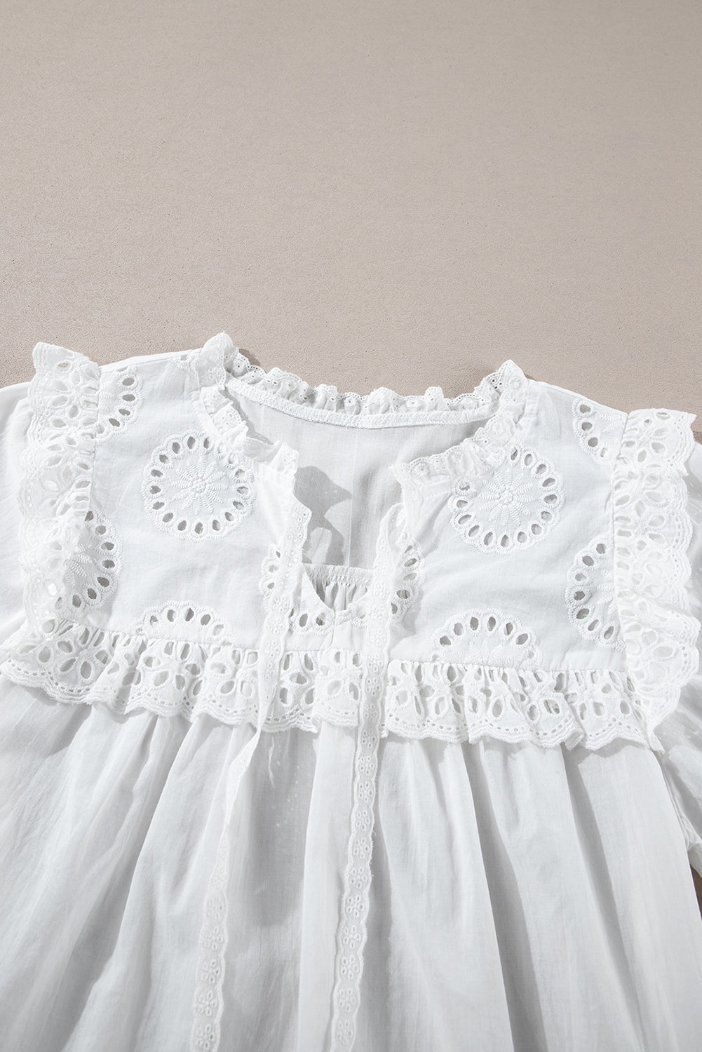 White Embroidered Lace Patchwork Tie Neck Puff Short Sleeve Blouse