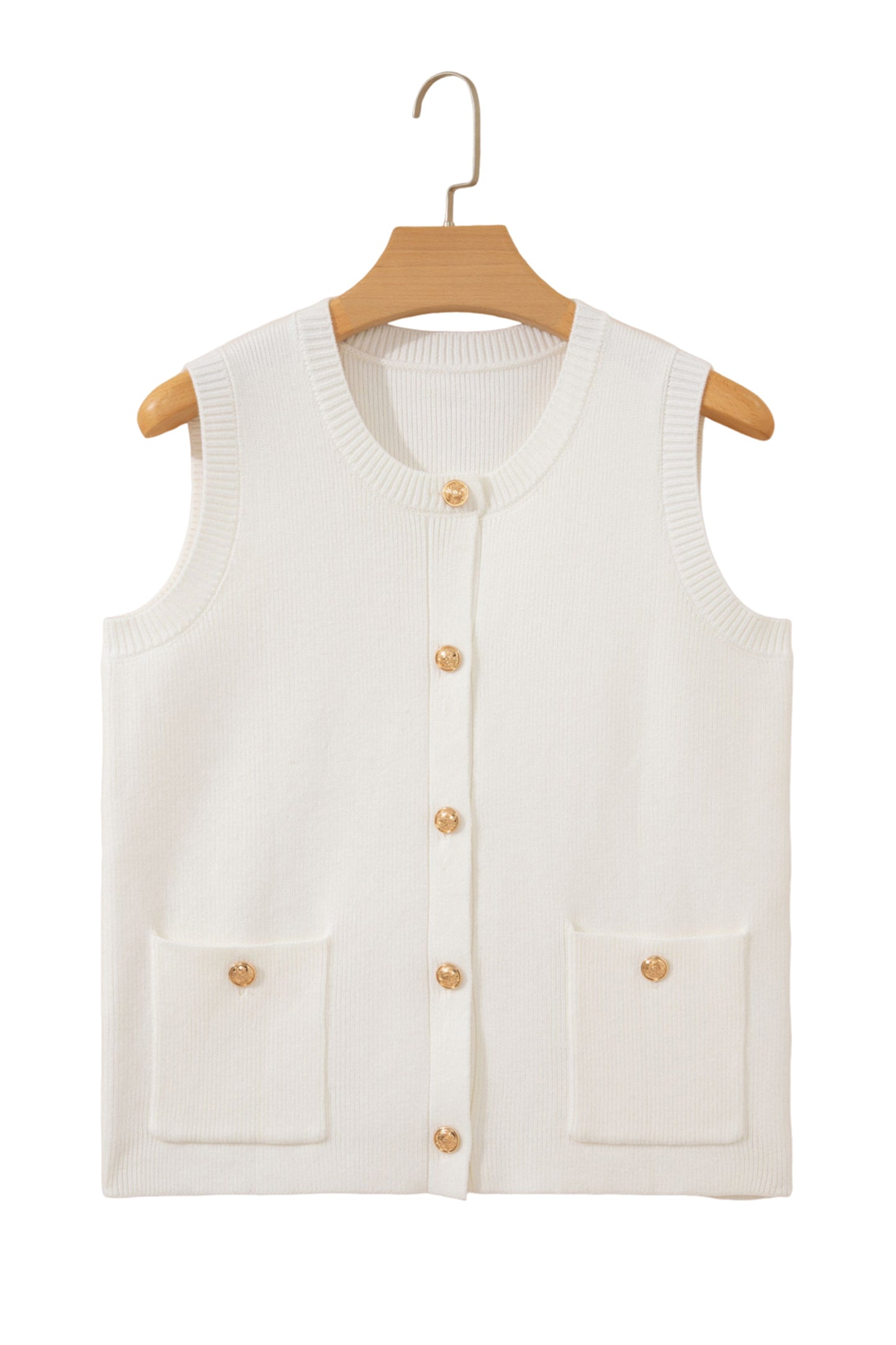 Yellow Cream Solid Color Sleeveless Knit Button Pocketed Sweater