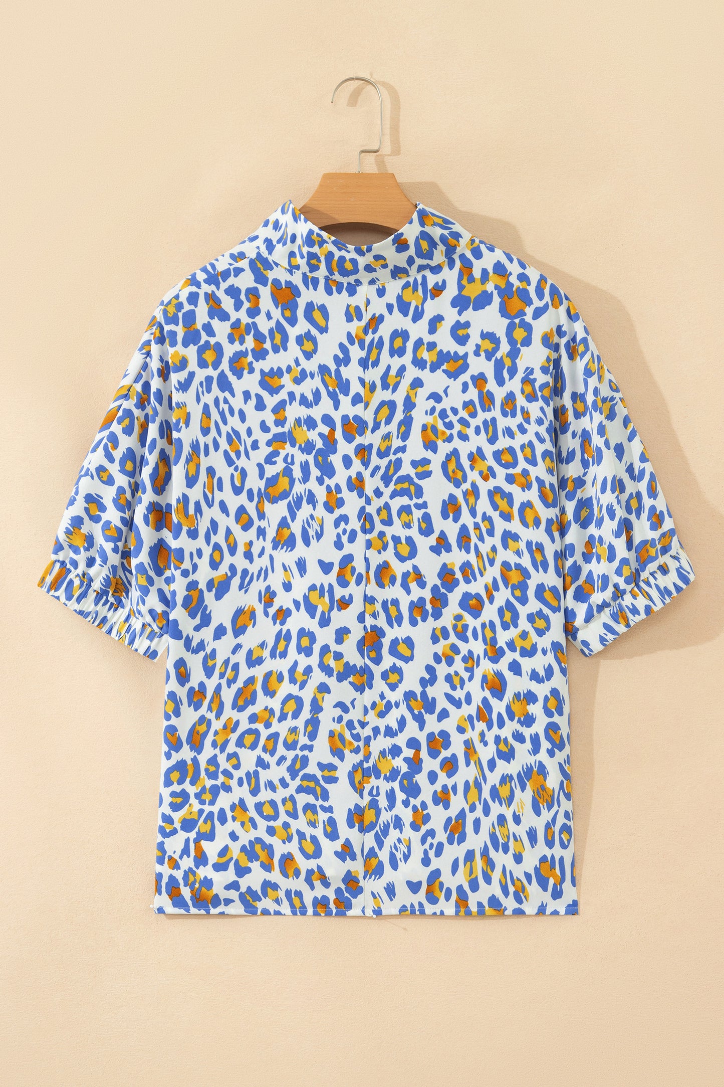 Khaki Leopard Color Block Contrast Striped V Neck Half Sleeve Loose Fit Blouse