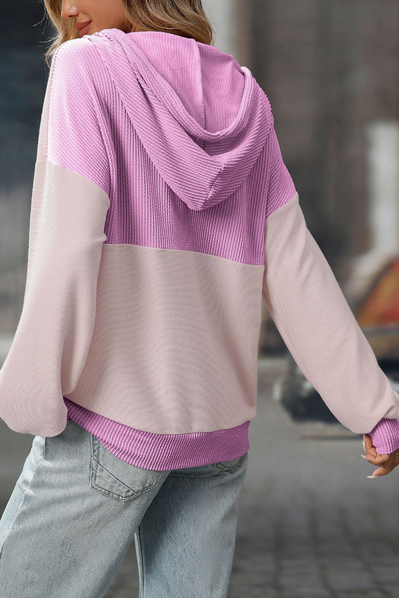 Colorblock Waffle Knit Drawstring Hoodie Pullover Women