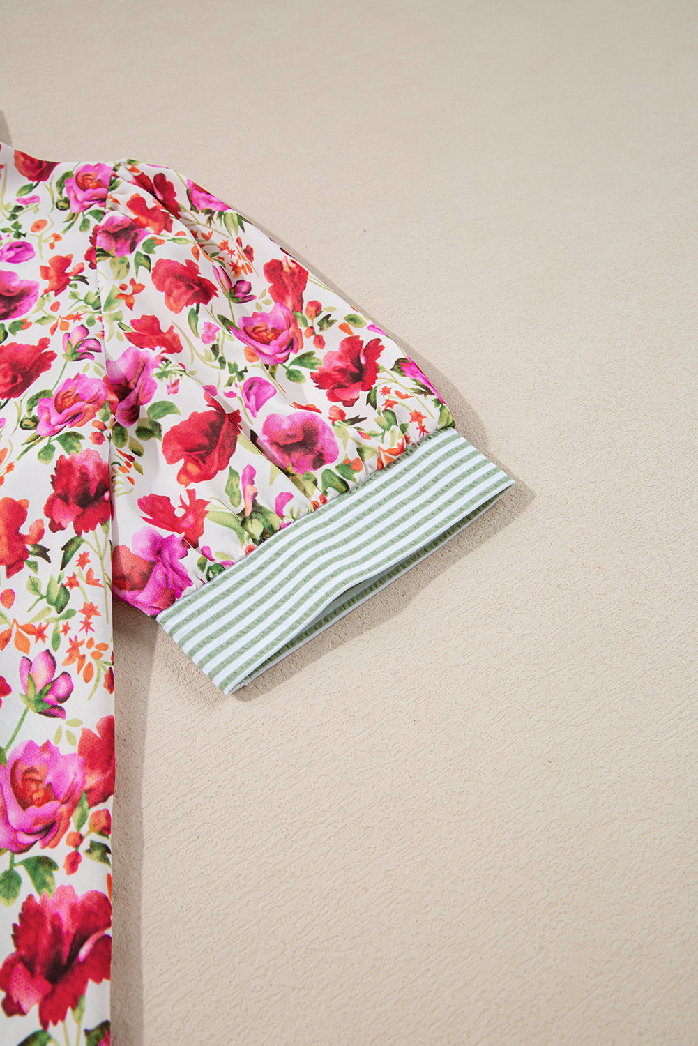 Red Floral Print Striped Patchwork Collared Short Sleeve Blouse