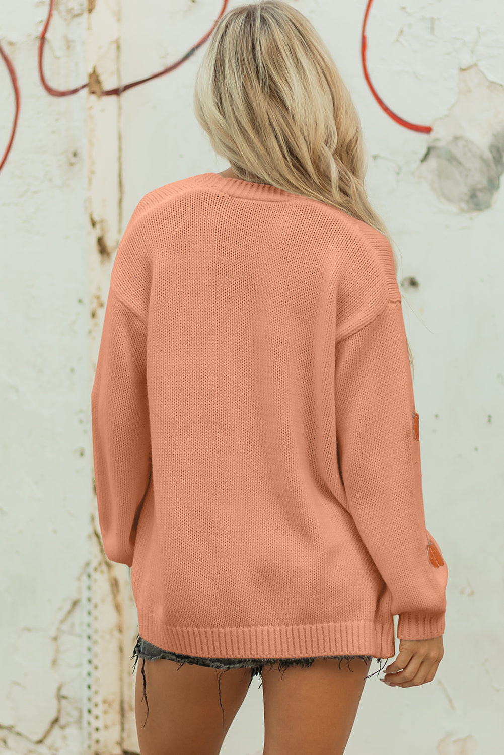 White Pumpkin Print Open Front Drop Shoulder Midi Cardigan