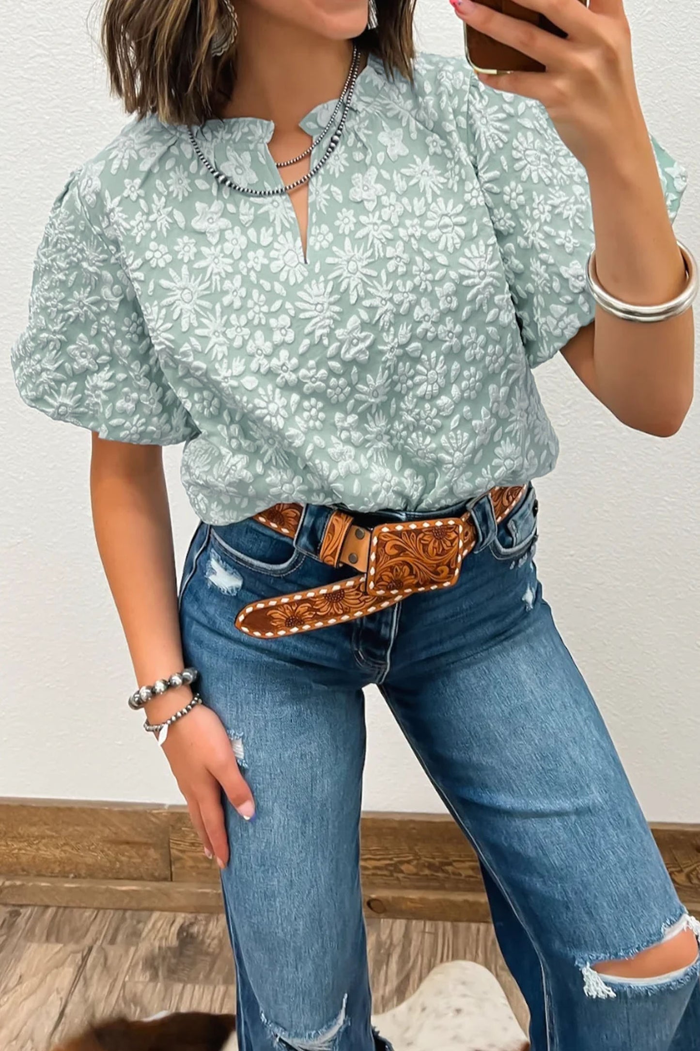Floral Jacquard Western Blouse Puff Sleeve Top
