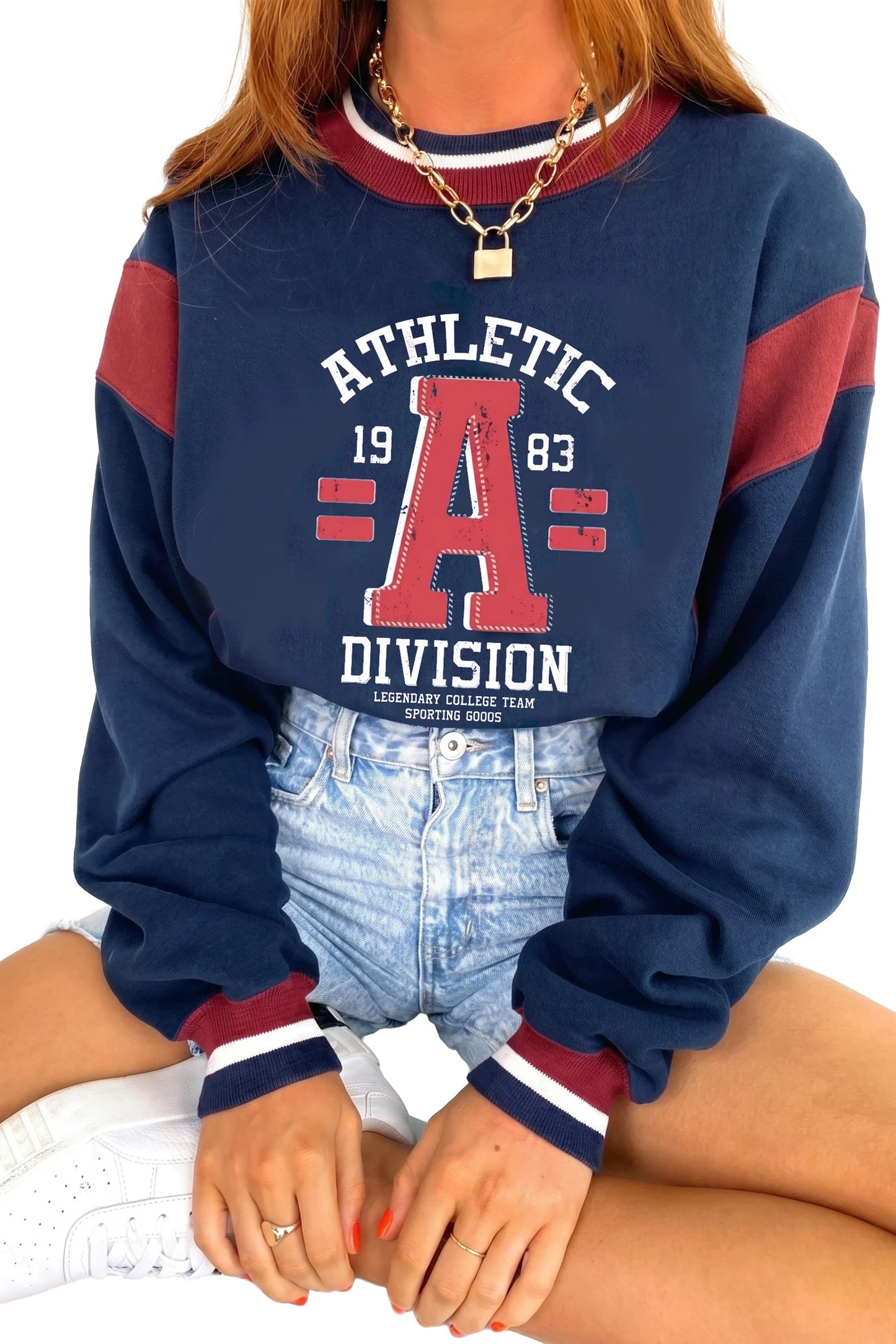 Sail Blue Patchwork Round Neck Long Sleeve Sweatshirt