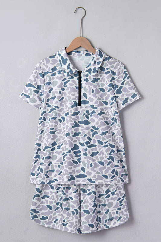 Multicolour Abstract Patterned Polo Collar T Shirt and Shorts Set