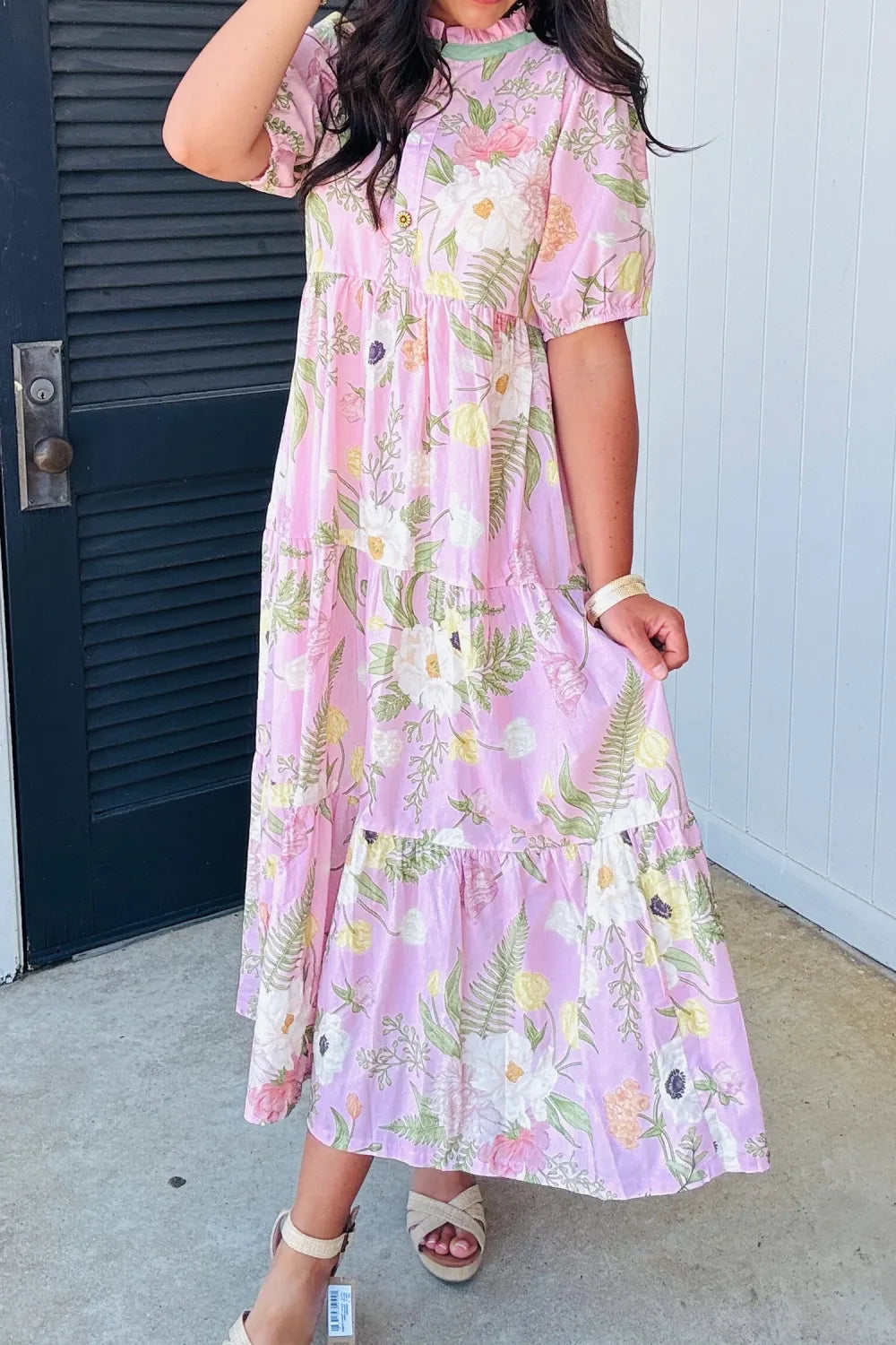 Pink Floral Print Short Puff Sleeve High Waist Tiered Maxi Dress