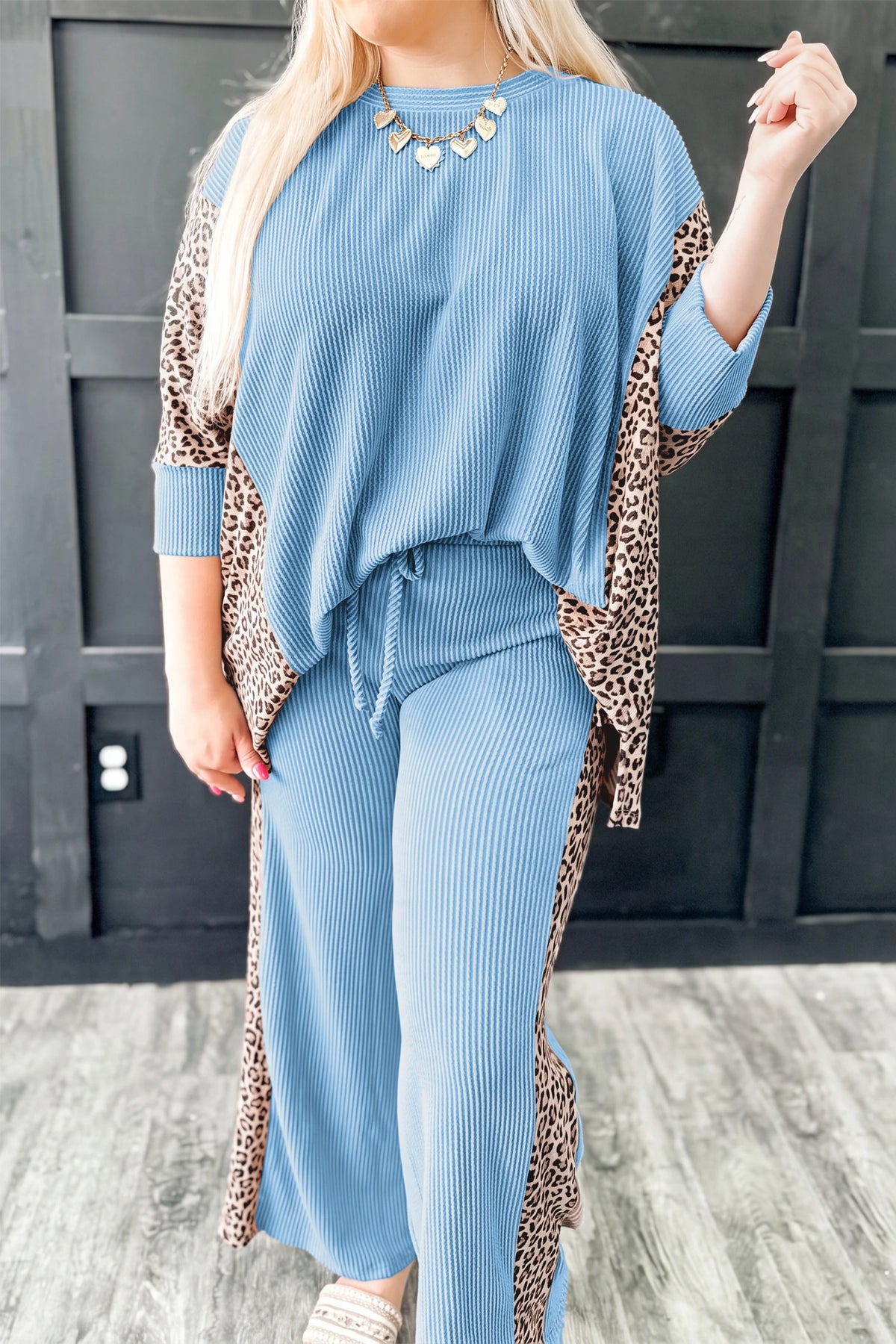 Parchment Leopard Print Twisted Ribbed Patchwork Long Sleeve Top Loose Pant Set