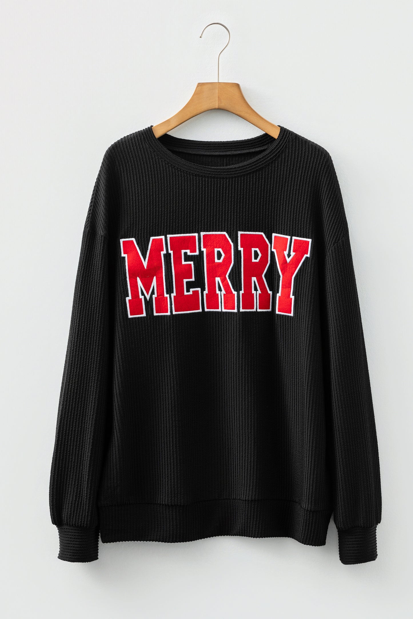Evergreen Twisted Rib Outlined Merry Letter Graphic Loose Long Sleeve Top