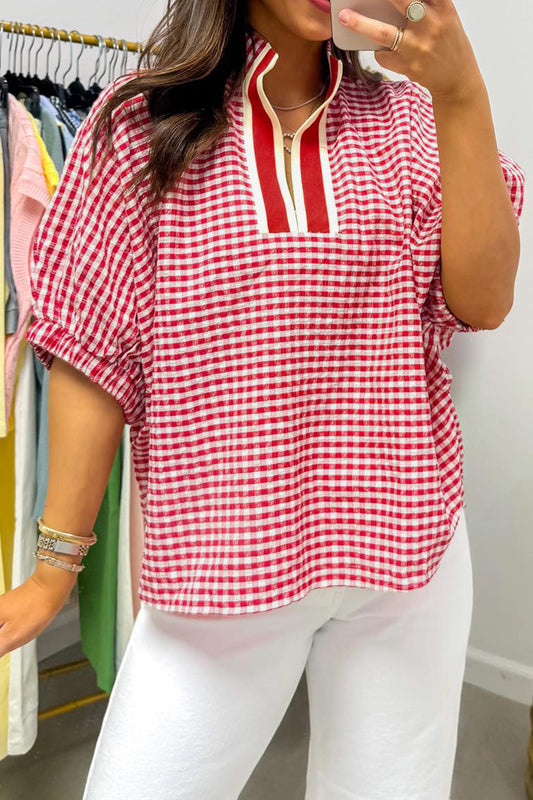 Plaid Polyester Blouse Casual Shift Short Sleeve