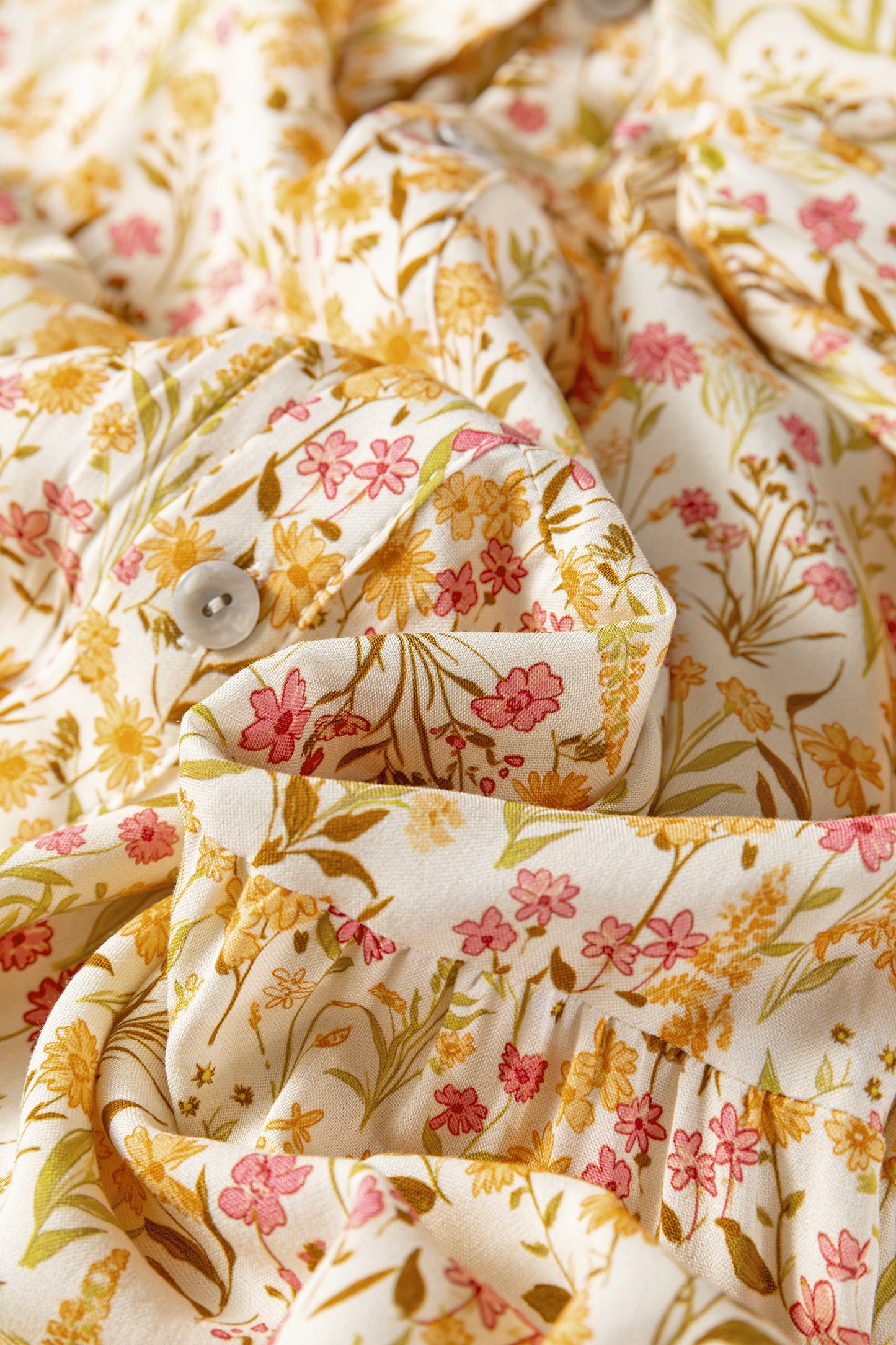 Yellow Floral Print Frilly Trim Smocked Cuff Long Sleeve Loose Shirt Dress