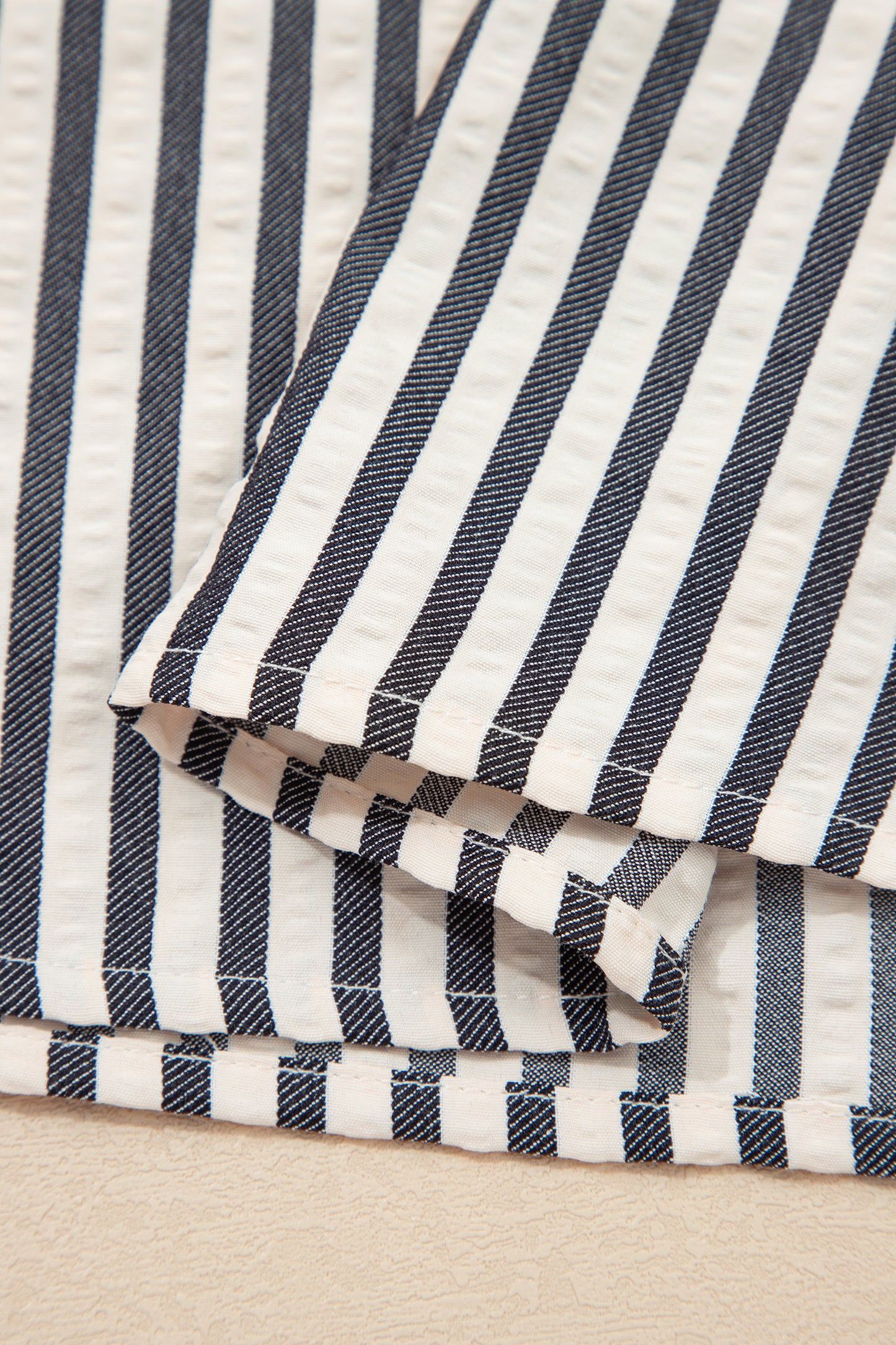 Black Stripe Polo Collar Half Zip Short Puff Sleeve Blouse