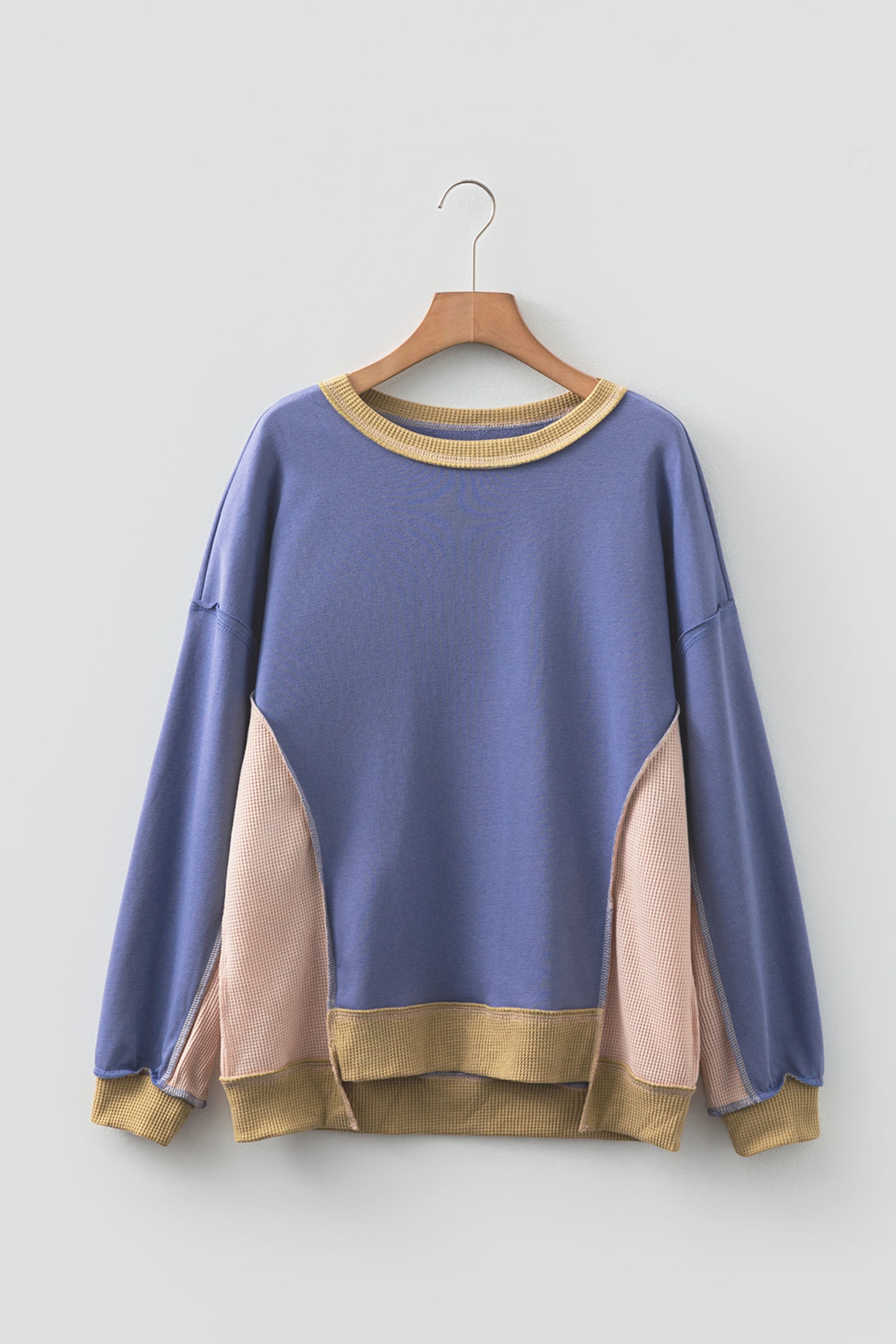 Color Block Mix Texture Waffle Patchwork Oversize Sweatshirt