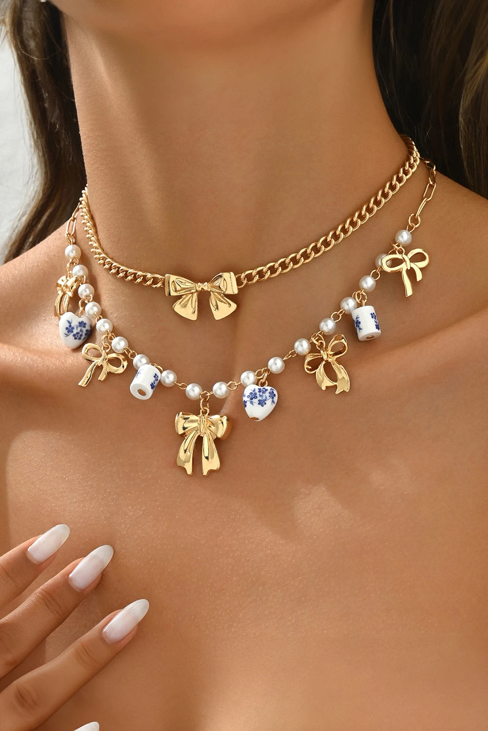 Gold Plated Bow Chain Porcelain Pearls Embellished 2pcs Necklace Set