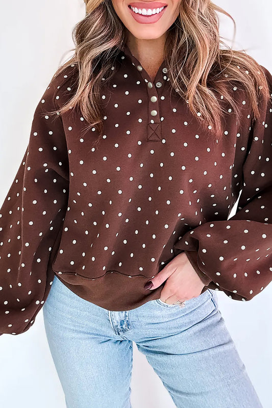 Polka Dot Print Metal Button Collar Casual Pullover Sweatshirt