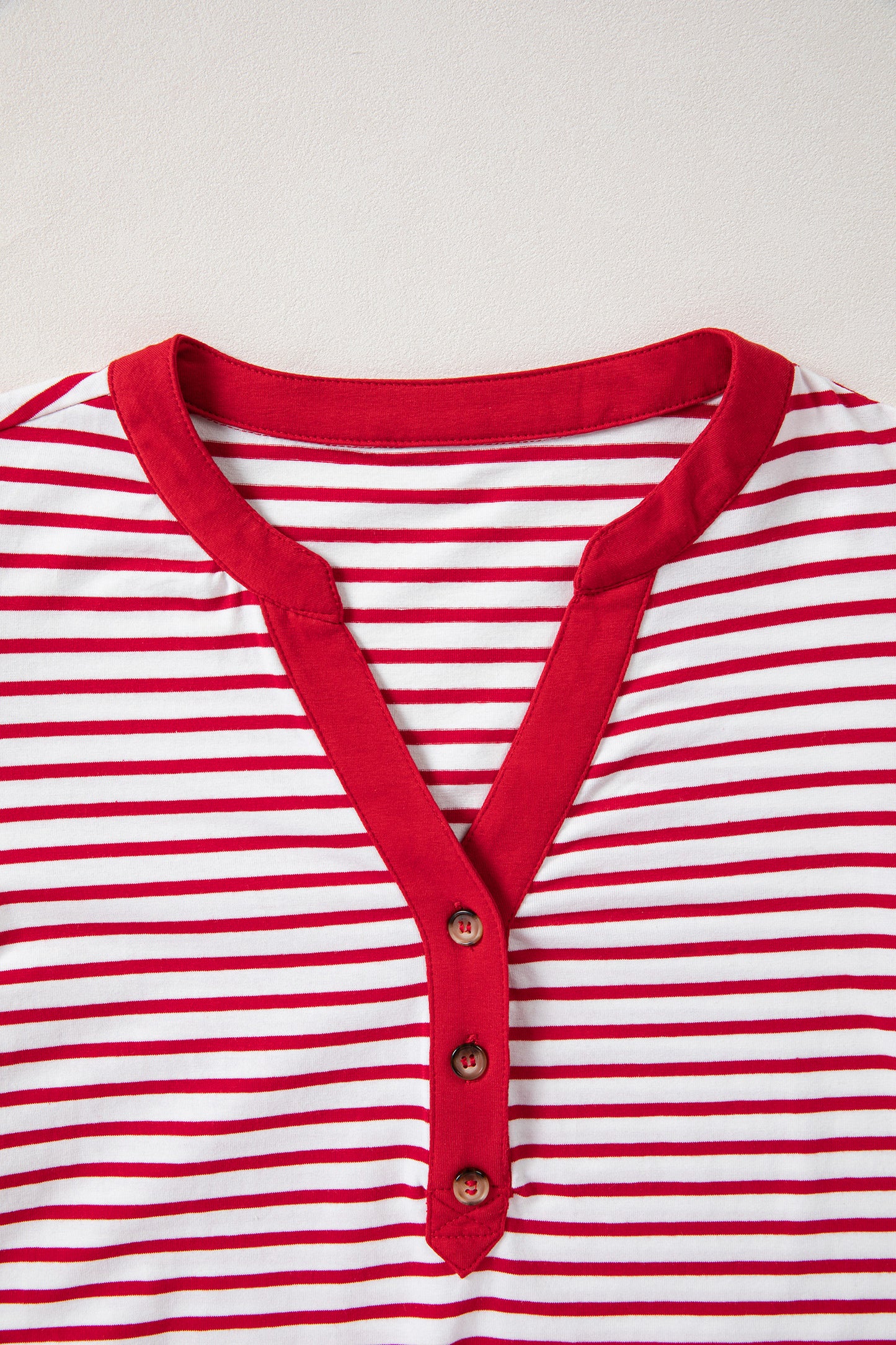 Red Stripe Half Placket V Neck Contrast 3/4 Sleeve Patchwork Top