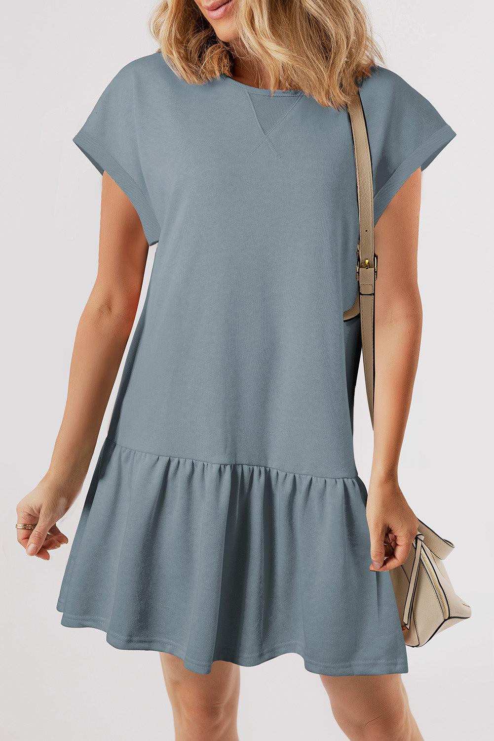 Solid Color Cap Sleeve Drop Waist T Shirt Dress