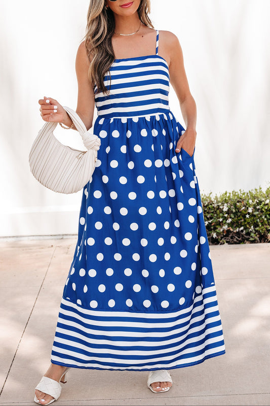 Blue Striped Polka Dot Patchwork High Waist Spaghetti Straps Maxi Dress