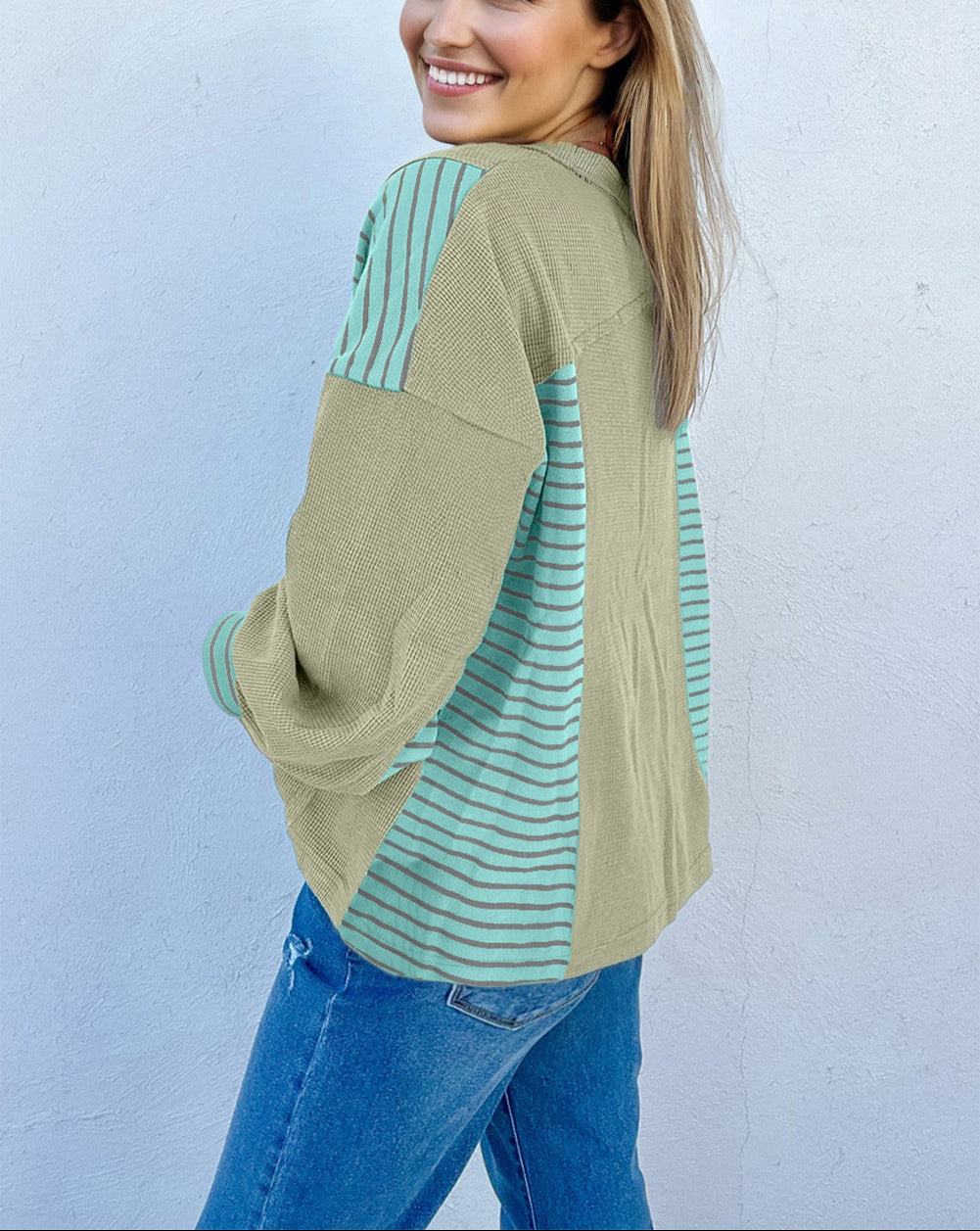 Dusk Blue Exposed Seam Waffle Striped Patchwork Baggy Pullover