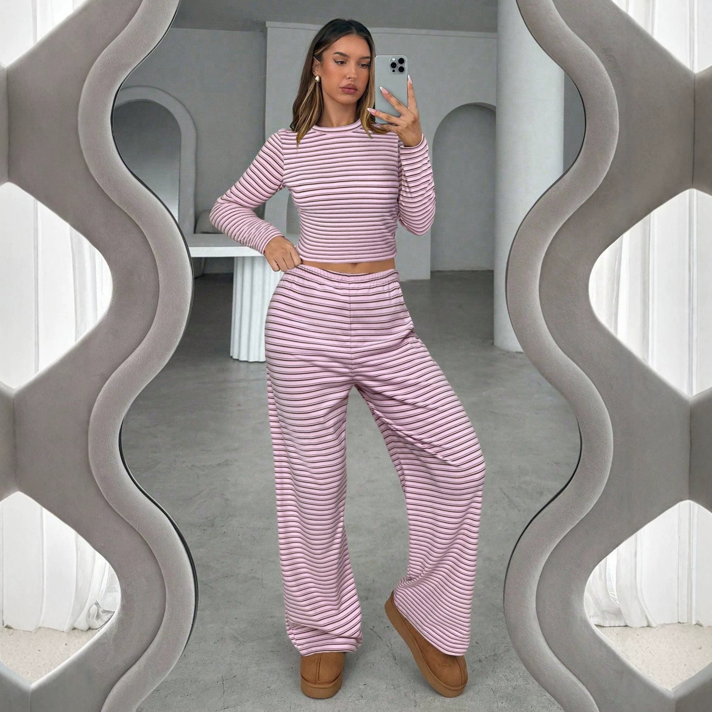 Striped Long Sleeve Top and Pants Lounge Set Casual Outfit