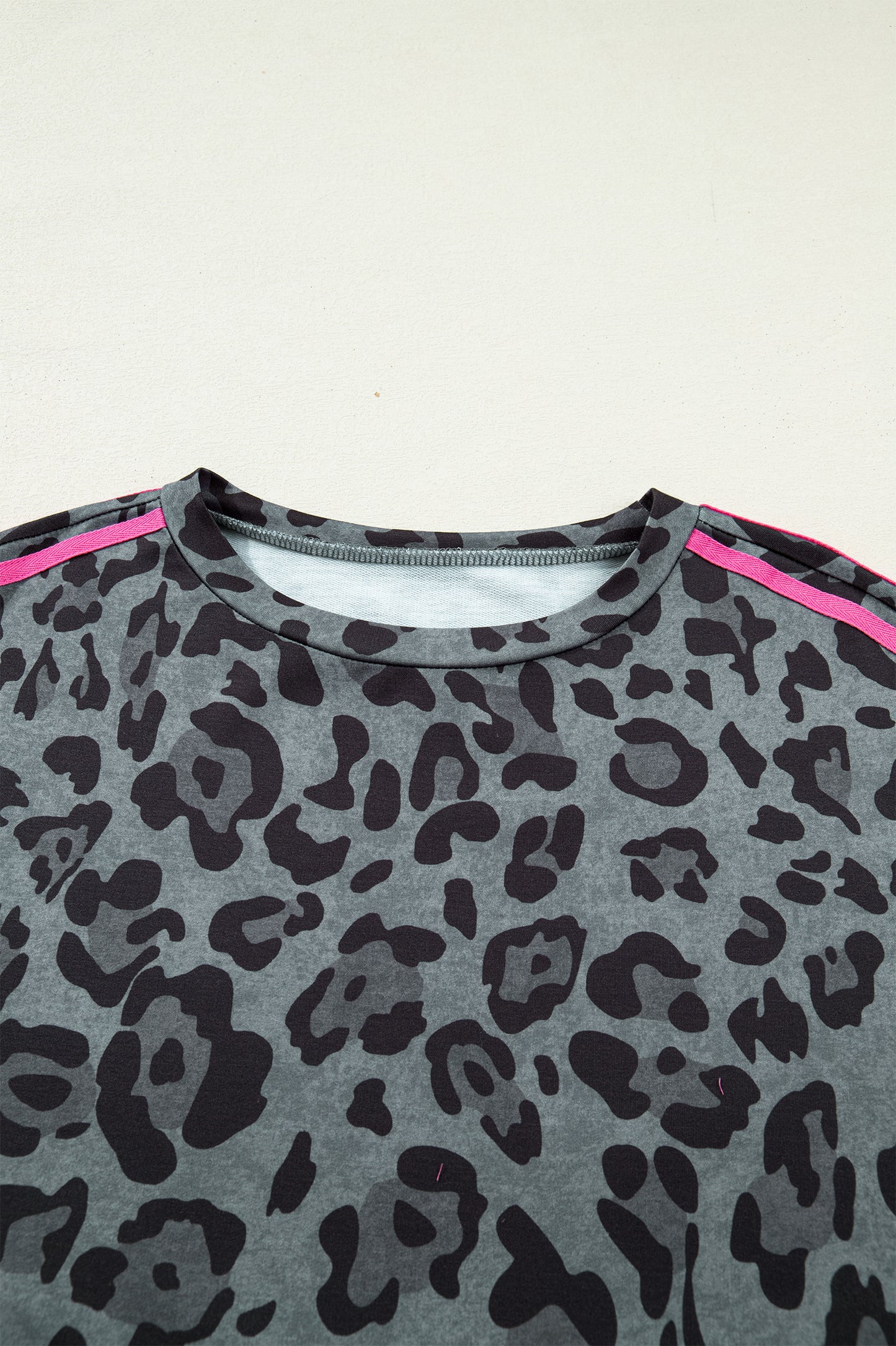 Green Leopard Print Varsity Striped Trim Long Sleeve Top
