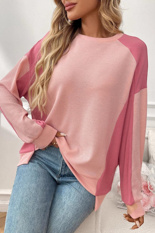 Colorblock Waffle Knit Crewneck Long Sleeve Top Women