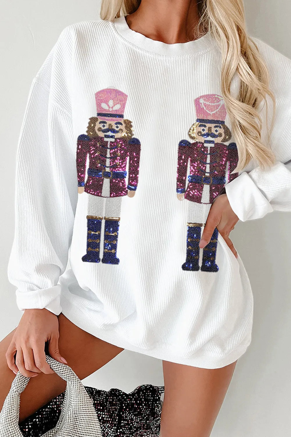 White Sequined Nutcracker Doll Christmas Fashion Corded Baggy Sweatshirt