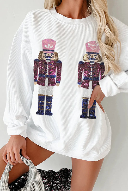 White Sequined Nutcracker Doll Christmas Fashion Corded Baggy Sweatshirt
