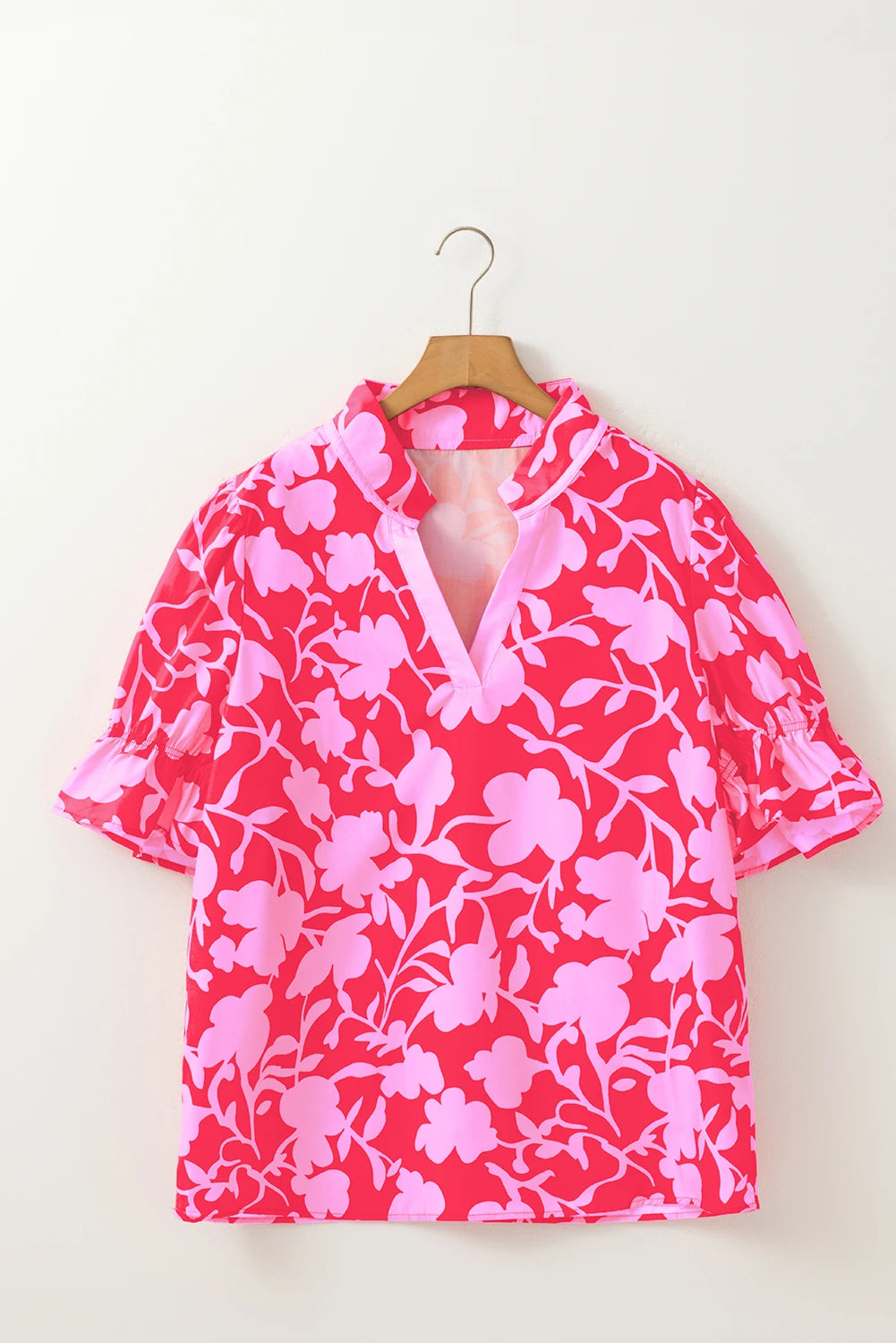 Red Floral Split V Neck Ruffled Short Sleeve Blouse Top