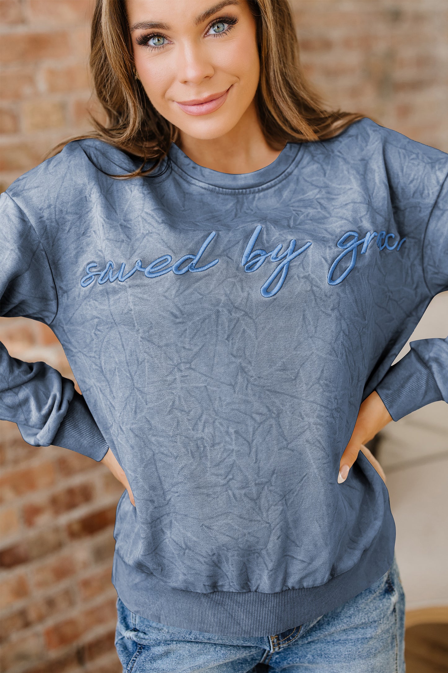 Saved by grace Letter Embroidery Mineral Wash Loose Sweatshirt