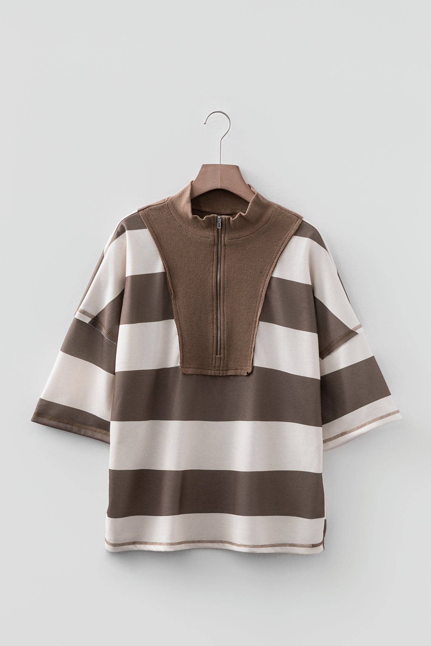 Brown Striped Color Block Zip Collar 3/4 Sleeve Oversize Sweatshirt