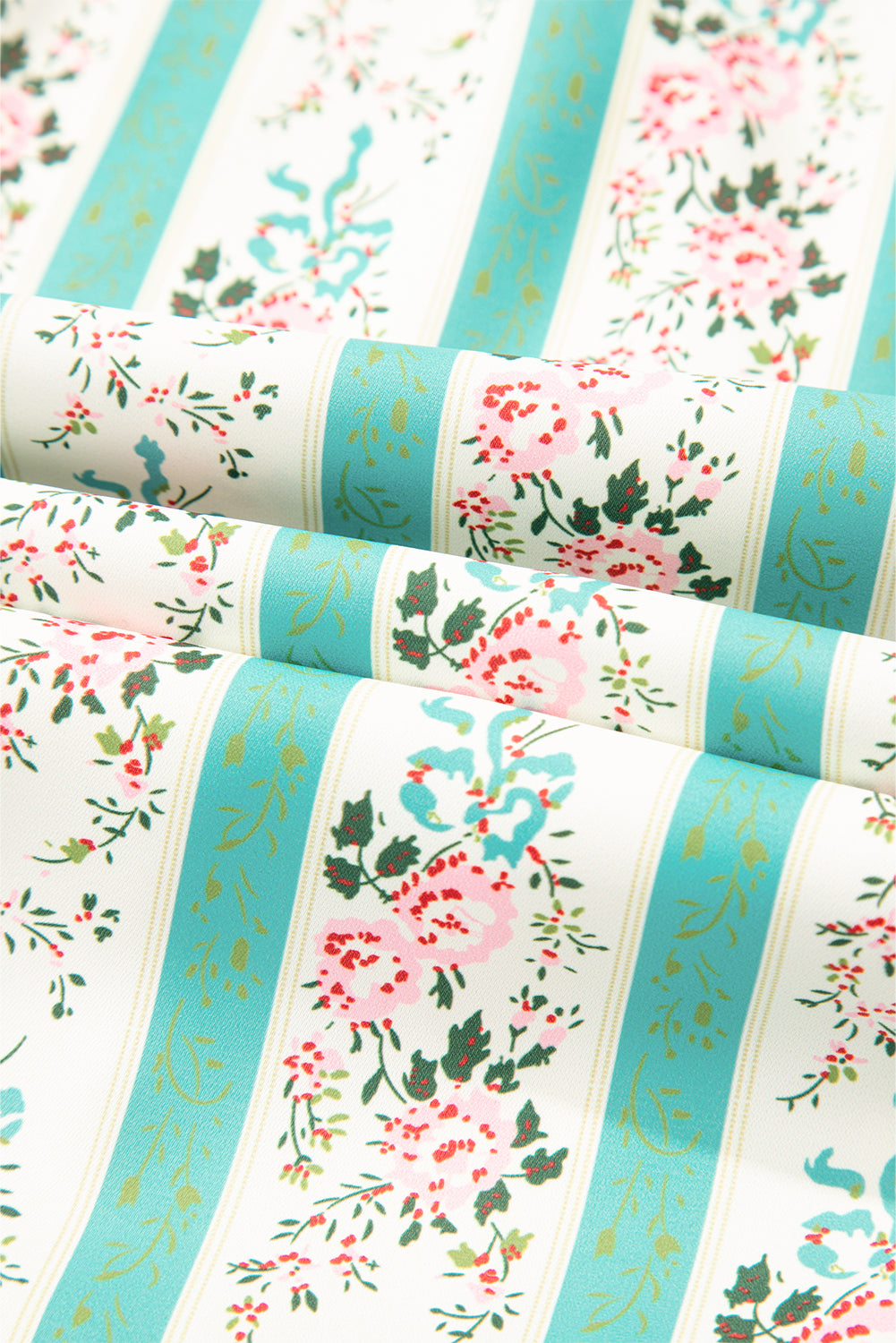 Multicolour Striped Floral Print Tie Split Neck Puff Sleeve Midi Dress