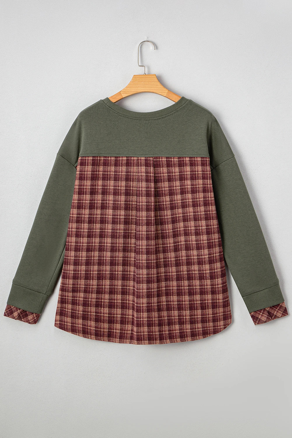 Moss Green Vintage Plaid Patchwork Drop Shoulder Sweatshirt
