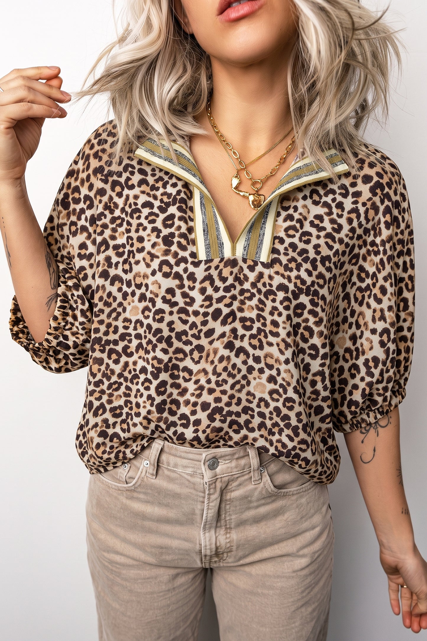 Leopard Contrast Trim V Neck Half Sleeve Western Dolman Blouse