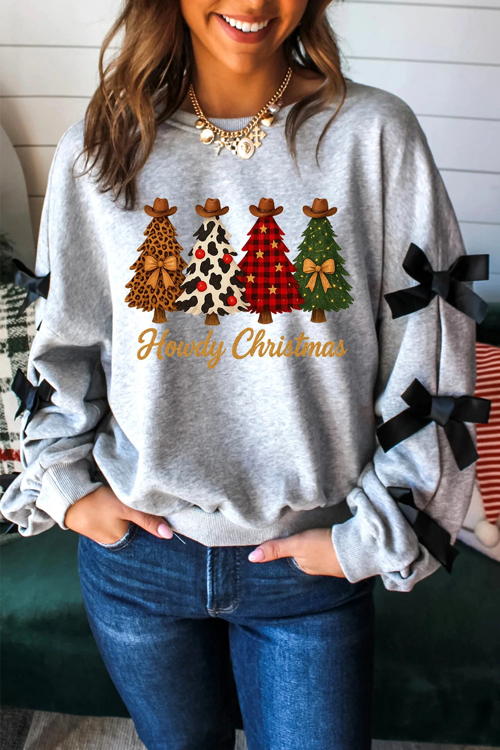 Light Grey Howdy Christmas 4 Trees Printed Ribbon Bow Decor Sweatshirt