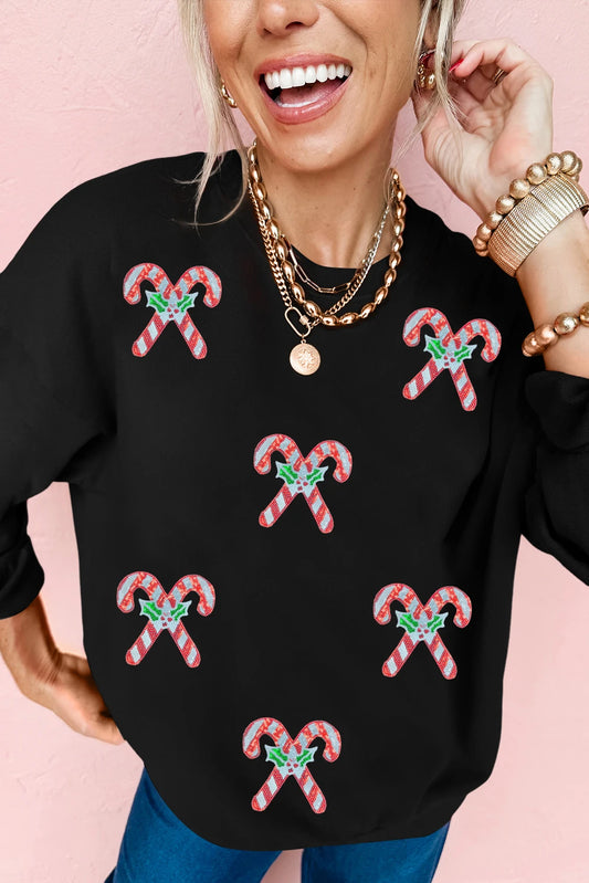 Black Candy Cane Patched Christmas Holiday Sweatshirt