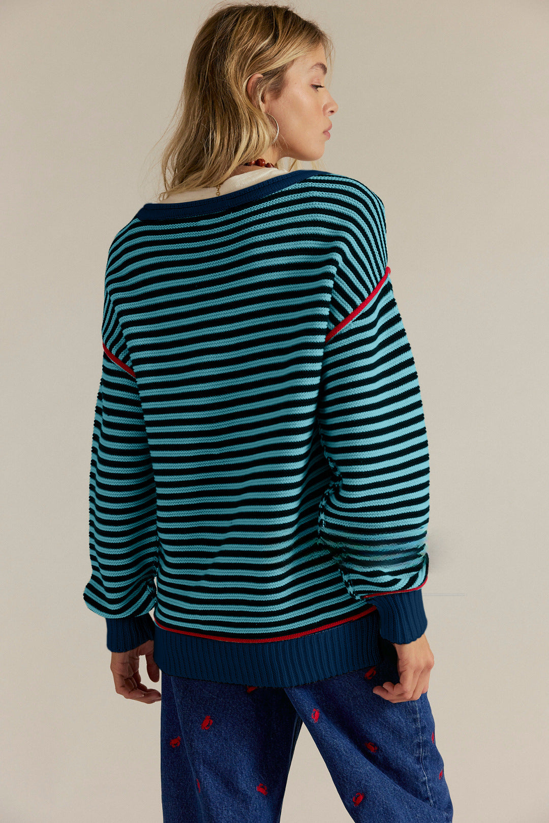 Striped Crewneck Knit Sweater | Loose Fit Pullover Top