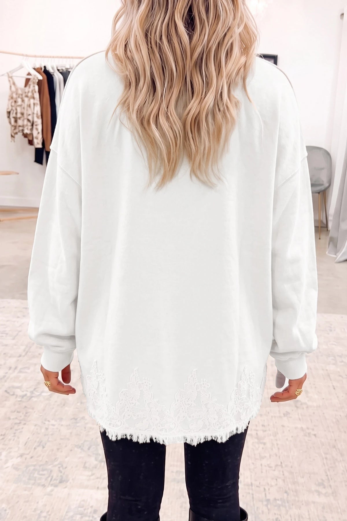 Racing Red Solid Color Lace Splicing Hem Mock Neck Pullover Sweatshirt