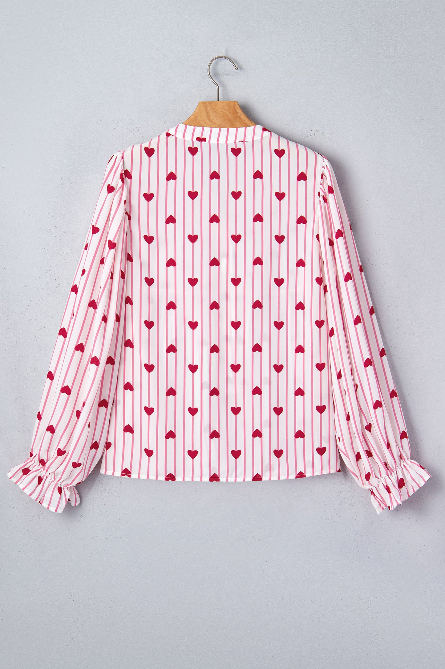Pink Stripe Textured Heart Print Long Flounce Sleeve Shirt