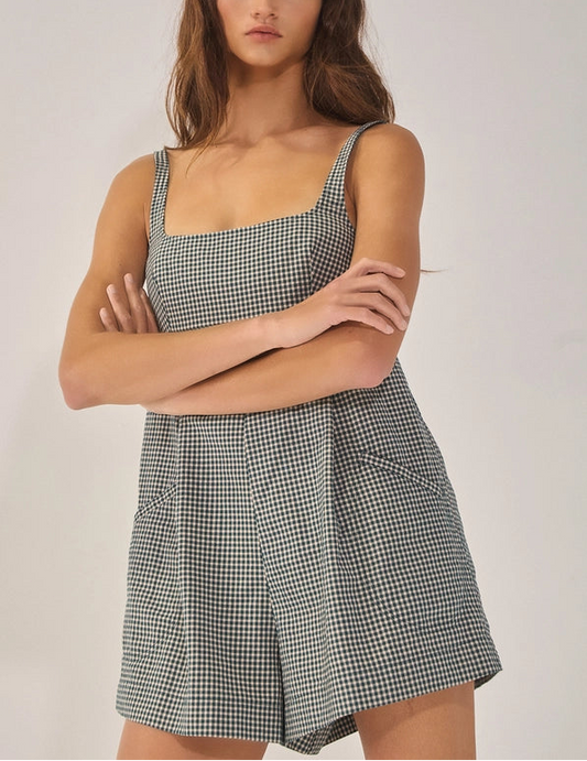 Sleeveless Plaid Square Neck Babydoll Romper