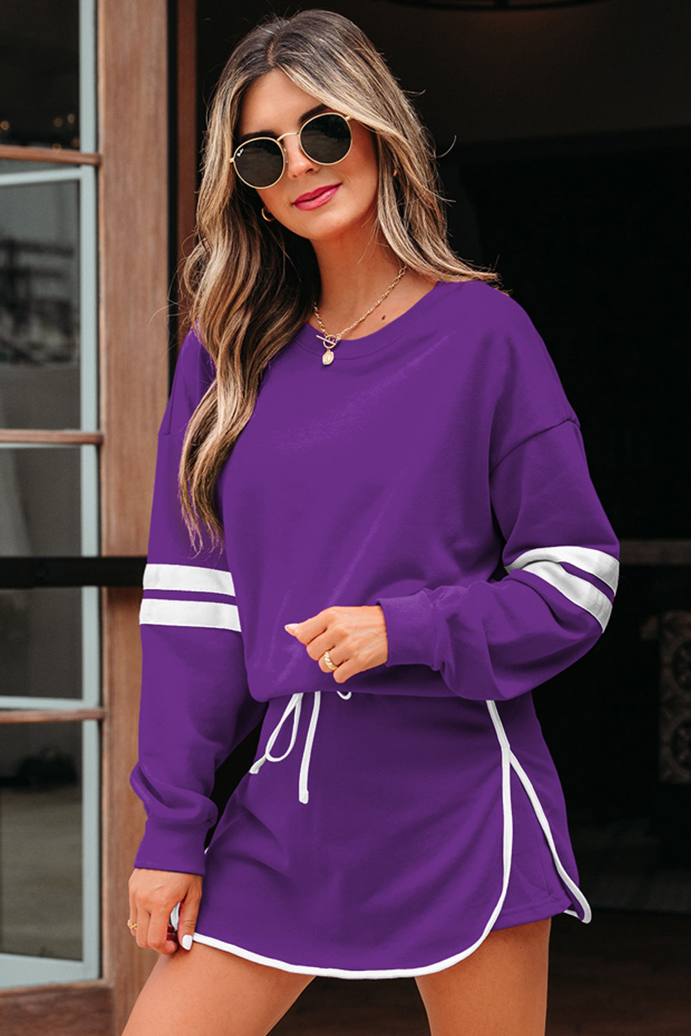 Orange Varsity Stripe Detail Drop Shoulder Pullover Mini Skirt Set